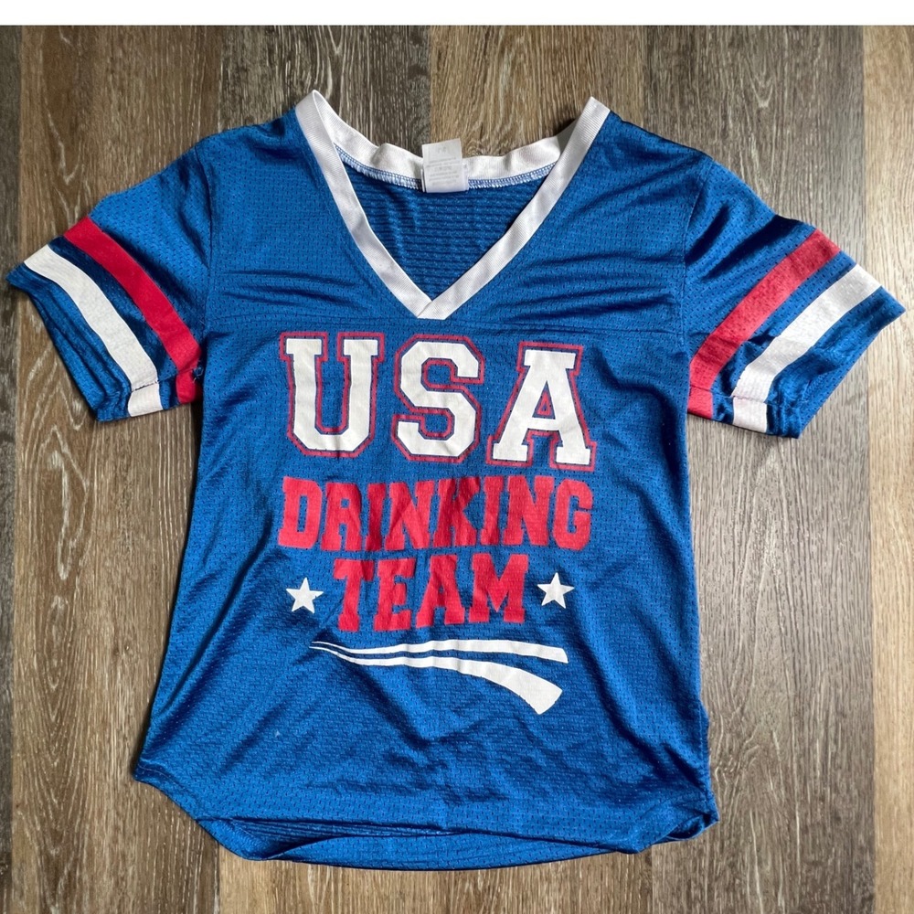 Spencer's Jersey Top Womens L Blue USA Drinking Team Mesh 76 Graphic Striped